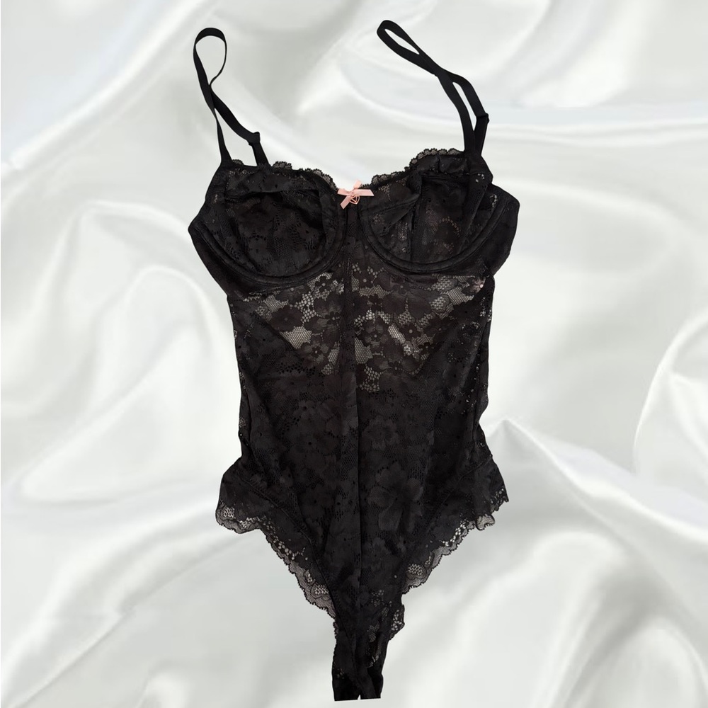Victoria Secret Black Lace Bodysuit with Bow Detail